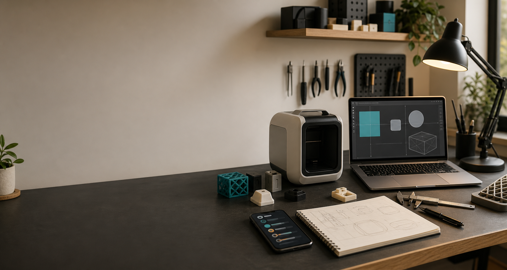 A tidy product engineering workbench with tools, devices, and small printed objects.